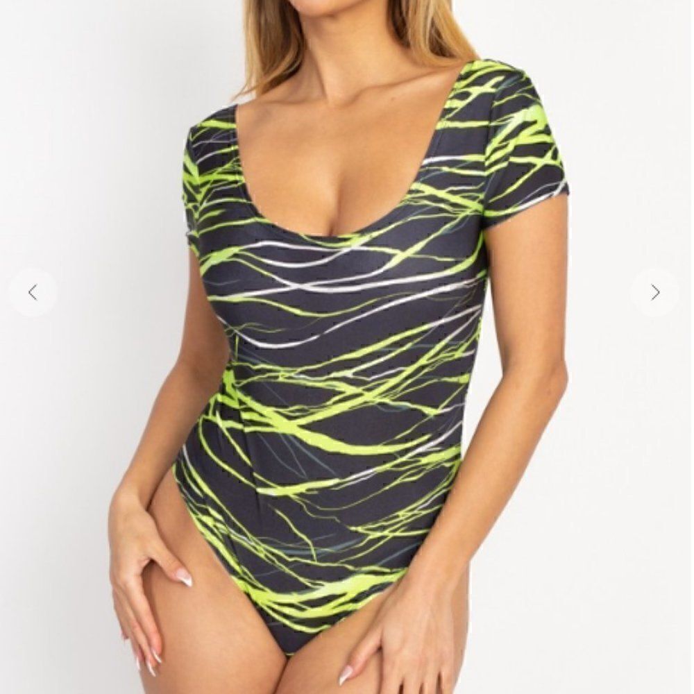NWT Stretch Neon Yellow Abstract Print Body Suit